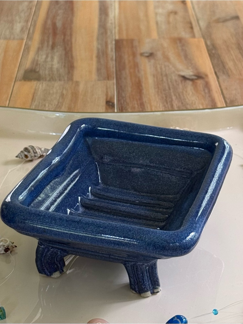 Handmade Studio Art Pottery Blue Soap Dish with Raised Feet